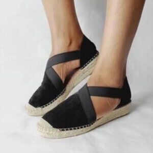 Anthropologie Fabiolas Black Suede Cross Strap Espadrilles, Size 39 (US 8)